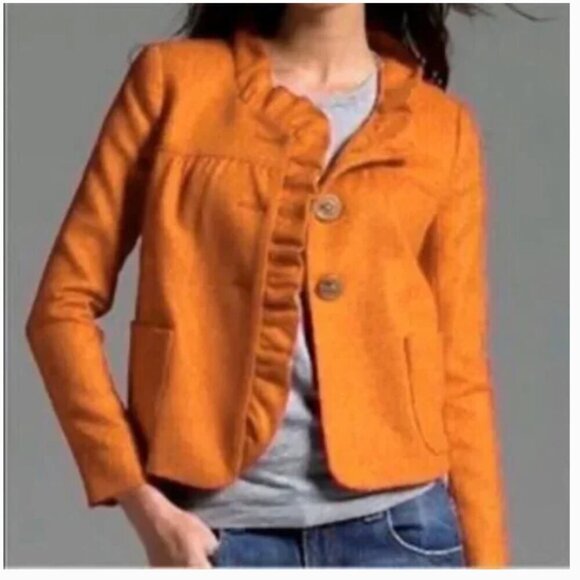 J. Crew Orange Herringbone Wool 'Fiona' Ruffled Jacket - Size 4 - Picture 1 of 11